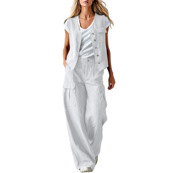 TEAJOPSUU Women's 2 Piece Linen Cotton Outfits Sets V Neck Button Vintage Vests Cargo Wide Leg Palazzo Pants with Pockets Matching Solid Sets White
