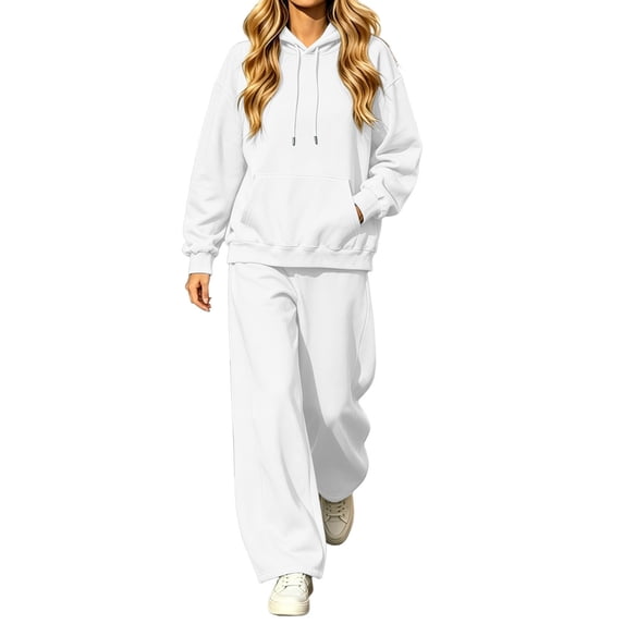 TEAJOPSUU Women's 2 Piece Outfit Tracksuit Sets Kangaroo Pocket Hoodies Wide Leg Sweatpants Sweatsuits Outfit Sets Fall Winter Dailywear B-White