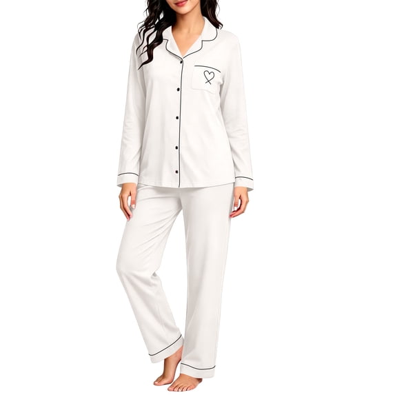 TEAJOPSUU Women's 2 Piece Pajama Sets Cute Comfy Notched Collar Button Down Long Sleeve Sleepwear Sets with Pants Loungewear Outfit Sets White