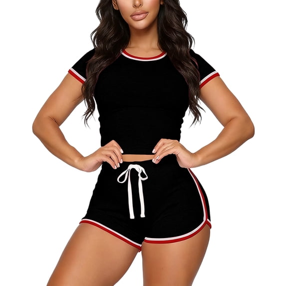 TEAJOPSUU Women's 2 Piece Slim Fitted Sets Contrast Binding Short Sleeve Crop Tops and Drawstring Waist Shorts with Pockets Sets Black