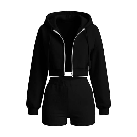 TEAJOPSUU Women's 2 Piece Tracksuit Sets Cropped Zip Up Hoodie Sweatshirts High Waist Shorts with Pockets Sets Casual Fall Workout Daily Outfits Black