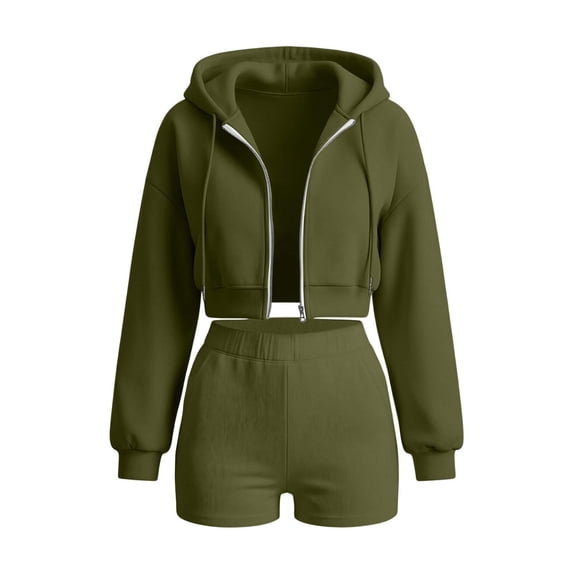 TEAJOPSUU Women's 2 Piece Tracksuit Sets Cropped Zip Up Hoodie Sweatshirts High Waist Shorts with Pockets Sets Casual Fall Workout Daily Outfits Olive Green