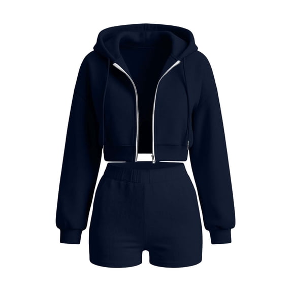TEAJOPSUU Women's 2 Piece Tracksuit Sets Cropped Zip Up Hoodie Sweatshirts High Waist Shorts with Pockets Sets Casual Fall Workout Daily Outfits Navy