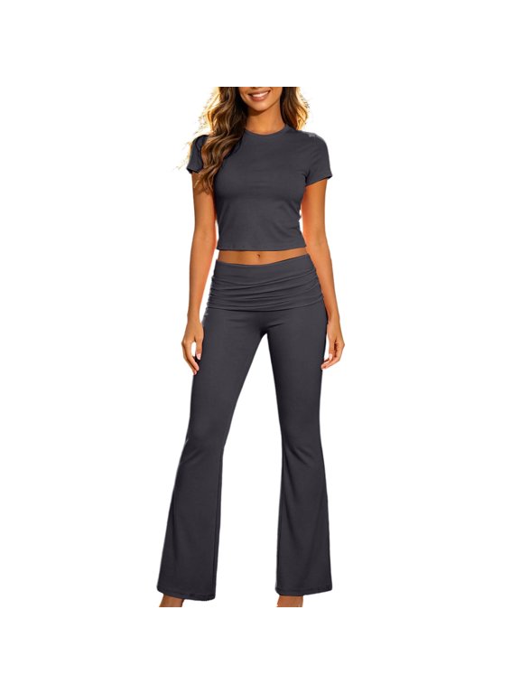 Women's 2 Piece Y2K Workout Sets Summer Short Sleeve Crewneck T-Shirts Low Waisted Ruched Flare Legging Pants Sets for Casual Daily Gym Dark Gray