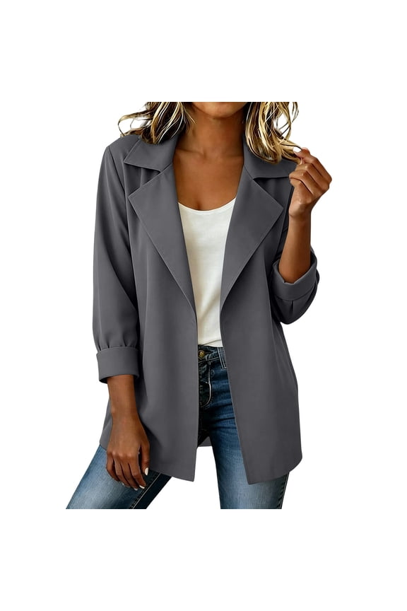 Women's 3/4 Sleeve Blazers Notched Lapel Open Front Suit Cardigans Casual Dressy Twill Solid Color Sweaters Gray
