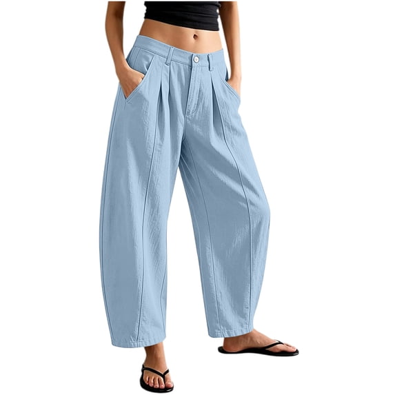 TEAJOPSUU Women's Ankle Pants High Waist Cropped Barrel Pants Pleated Front Button Closure Side Pockets Casual Trousers for Everyday Vacation Light Blue