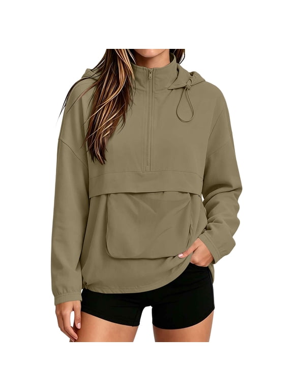 Women's Anorak Jacket Half Zip Hooded Long Sleeve Drawstring Hem Windbreaker Jackets with Kangaroo Pocket for Workout Gym Running Khaki