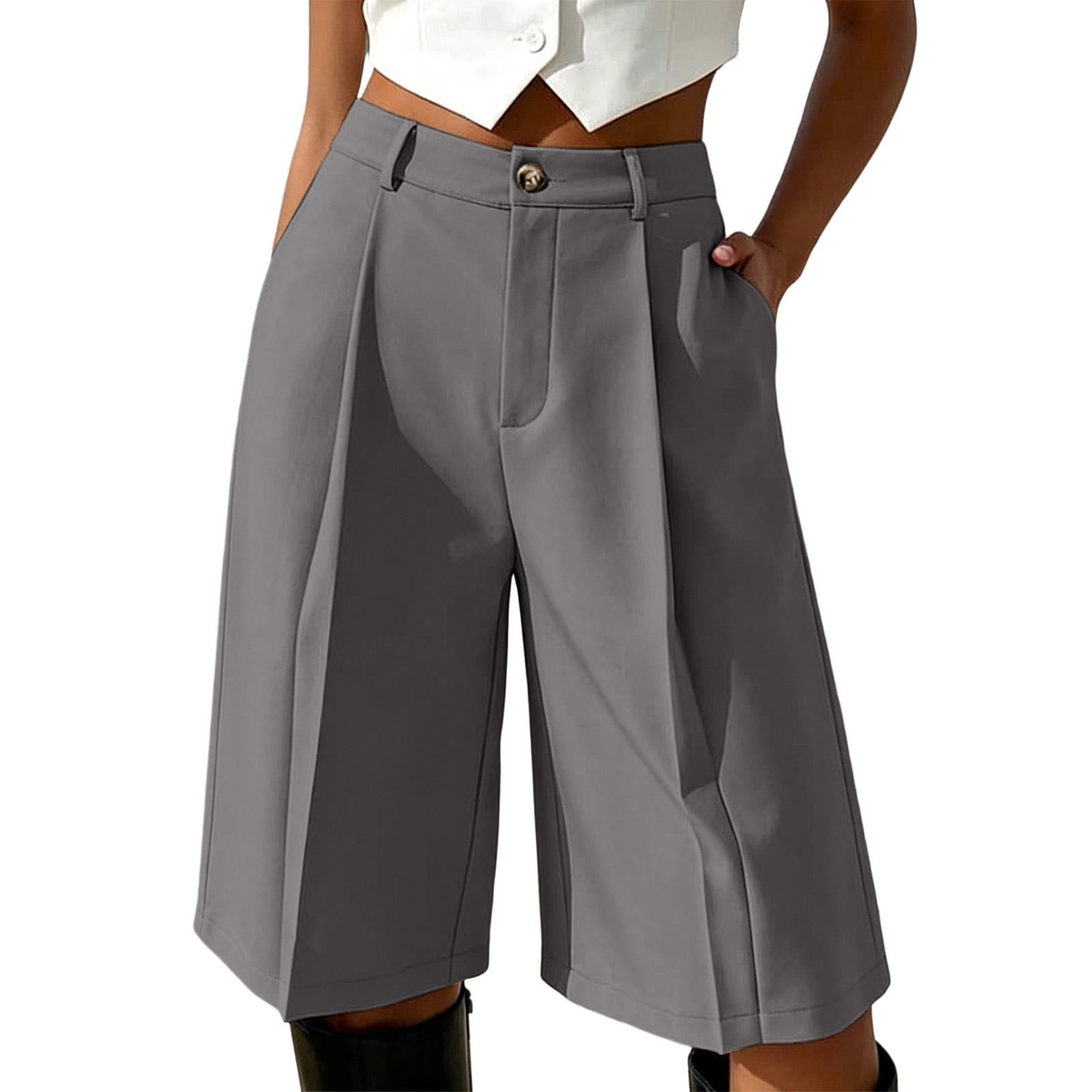 TEAJOPSUU Women's Bermuda Shorts High Waisted Pleated Wide Leg