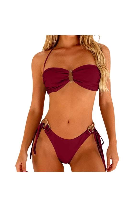 Women's Bikini Set Halter Ring Linked Tie Side Bikini Sets Bandeau Thong Cheeky 2 Piece Swimsuits for Beach Vacation Tanning Burgundy