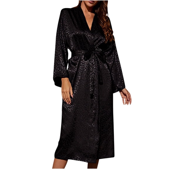 ZQUUVOU Women's Black Belted Robe Mid Length Sleepwear Trendy Printed Long Sleeve Sleepdress Bridesmaid Wedding Party Robes Black