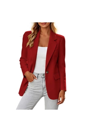 Women's Blazer Single Dressy Button Long Sleeve Notch Lapel Collar Suit Jackets with Flap Pockets for Office Work Business Red