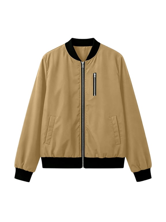 Women's Bomber Jackets Zip up Collared Long Sleeve Drop Shoulder Ribbed Cuffs Jackets with Pockets for Winter Fall Outdoor Hiking Khaki