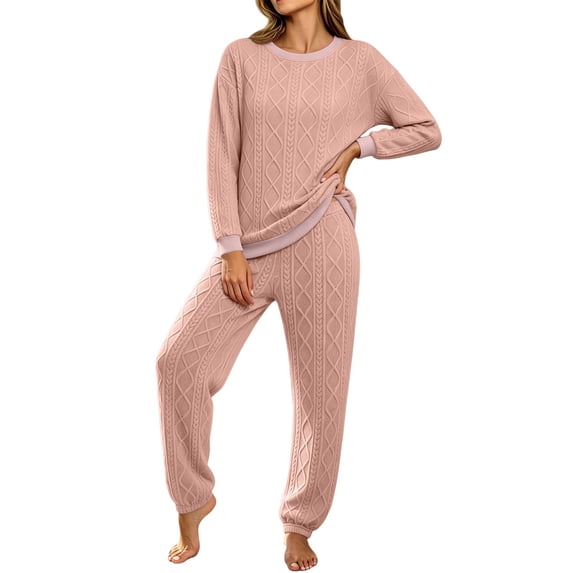 TEAJOPSUU Women's Cable Knit 2 Piece Loungewear Sets Crewneck Long Sleeve Sweaters Cuffed Joggers Casual Sleepwear Outfits Pink