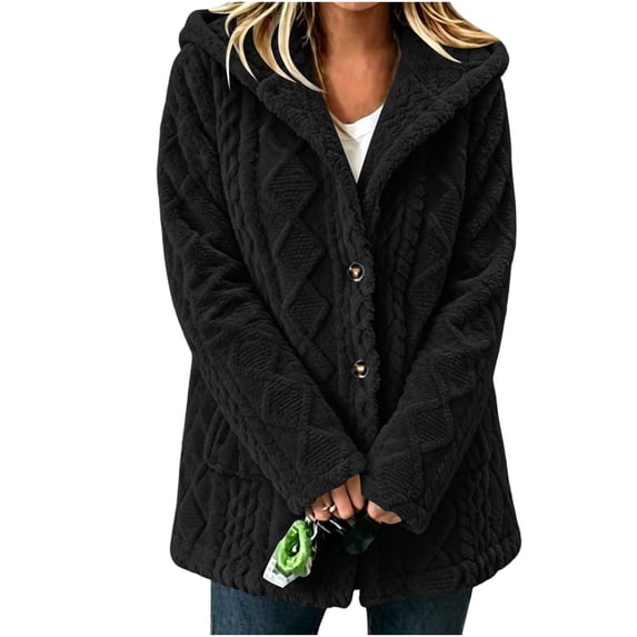 TEAJOPSUU Women's Cable Knit Cardigan Sweaters Button Up Long Sleeve Hooded Tunic Jackets with Pockets Casual Winter Outerwear Sweater Coat B-Black