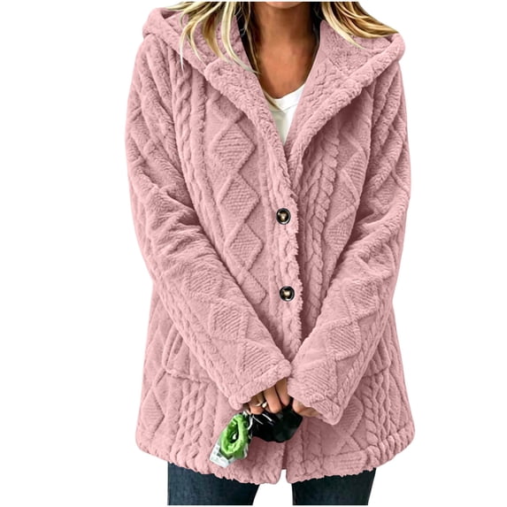 TEAJOPSUU Women's Cable Knit Cardigan Sweaters Button Up Long Sleeve Hooded Tunic Jackets with Pockets Casual Winter Outerwear Sweater Coat B-Pink