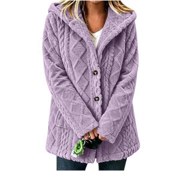 TEAJOPSUU Women's Cable Knit Cardigan Sweaters Button Up Long Sleeve Hooded Tunic Jackets with Pockets Casual Winter Outerwear Sweater Coat B-Purple