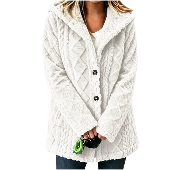 TEAJOPSUU Women's Cable Knit Cardigan Sweaters Button Up Long Sleeve Hooded Tunic Jackets with Pockets Casual Winter Outerwear Sweater Coat B-White