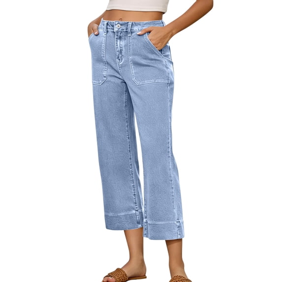TEAJOPSUU Women's Capri Jeans Mid Rise Straight Leg Casual Straight Leg Loose Fit Summer Cropped Stretchy Denim Capris Pants B-Light Blue