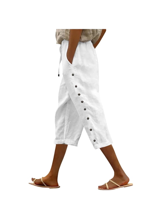 Women's Capri Linen Pants Loose Drawstring Elastic Waist Side Button Cuffed Pants Capris Casual Daily Solid Trousers for Summer Going Out White