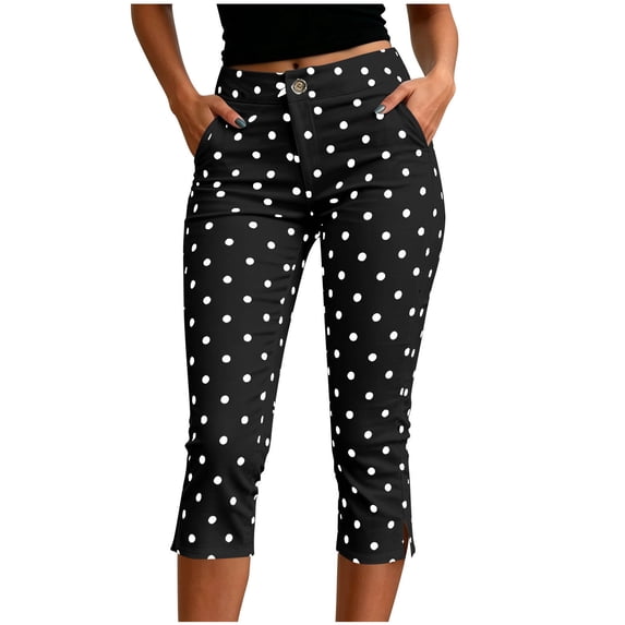 TEAJOPSUU Women's Capris Leggings Polka Dot Button Zipper Front Cropped Pant with Pockets Casual Slim Fit Yoga Workout Loungewear Trosuers Black