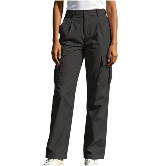 TEAJOPSUU Women's Cargo Chino Pants Wide Leg Comfy High Waisted Elastic Button Twill Pants with Pockets Casual Daily Going Out Trousers Gray