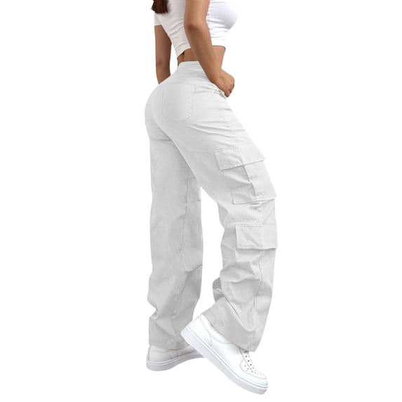 TEAJOPSUU Women's Cargo Pants Slim Fit High Waisted Drawstring Wide Leg Pants with Pockets Comfy Drawstring Elastic Trousers Streetwear White