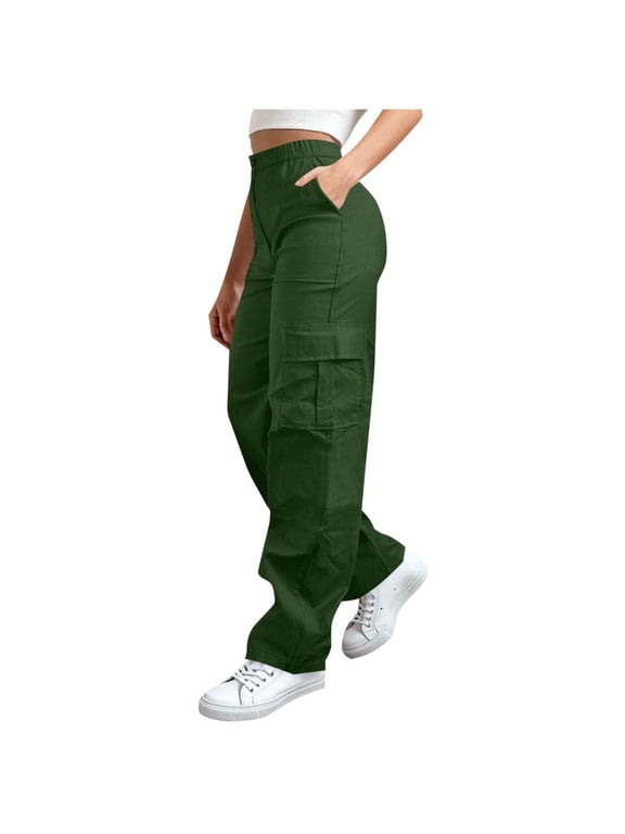 Women's Cargo Wide Leg Pants Elastic Button Slim Waist Loose Leg Khakis Pants with Pockets Casual Solid Workwear Pants for Outdoor Hiking B-Green