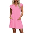 thumbnail image 1 of TEAJOPSUU Women's Casual A-Line Dresses with Pockets Cap Sleeve V Neck Mini Tshirt Dresses Flowy Sundress Pink, 1 of 6