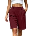 thumbnail image 1 of TEAJOPSUU Women's Casual Bermuda Shorts Elastic Waist Wide Leg Knee Length Summer Pleated Shorts with Pockets for Everyday Outwear Burgundy, 1 of 6