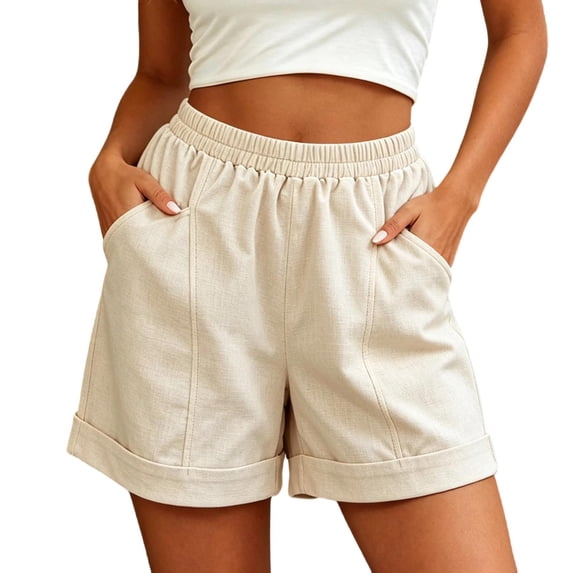 TEAJOPSUU Women's Casual Summer Shorts Elastic Waist Rolled Hem Shorts with Pockets Loose Fit Loungewear Daily Beach Shorts Beige