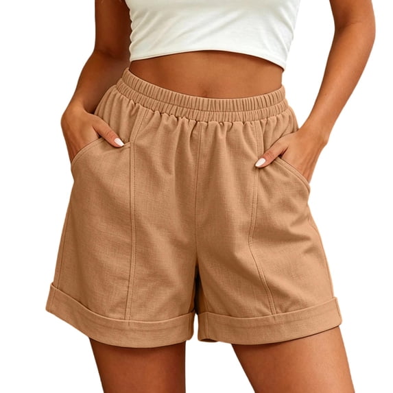 TEAJOPSUU Women's Casual Summer Shorts Elastic Waist Rolled Hem Shorts with Pockets Loose Fit Loungewear Daily Beach Shorts Khaki