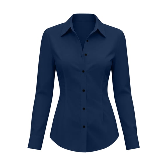 TEAJOPSUU Women's Classic Fitted Dressy Shirts Long Sleeve Button Down Wrinkle-Free Shirts Casual Work Office Blouse Top Navy