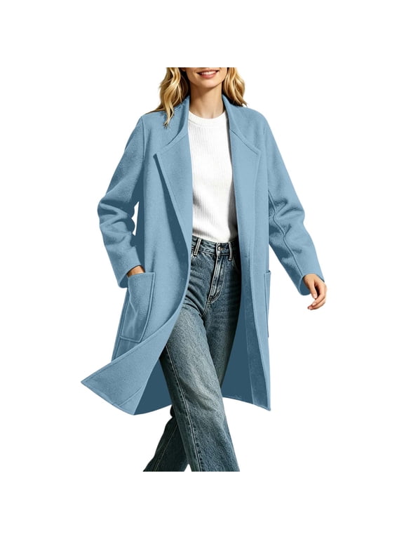 Women's Classic Long Coat Winter Wool Blend Tweed Open Front Notch Lapel Collar Overcoat with Double Flap Pockets Casual Work Office Coat Light Blue