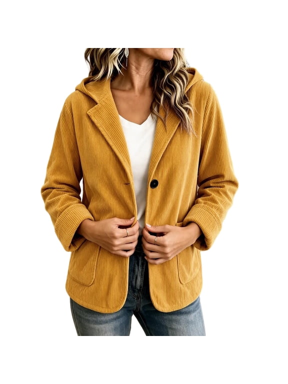 Women's Corduroy Blazer Jackets Hooded Single Button Long Sleeve Soft Warm Jackets with Pockets for Office Work Casual Orange