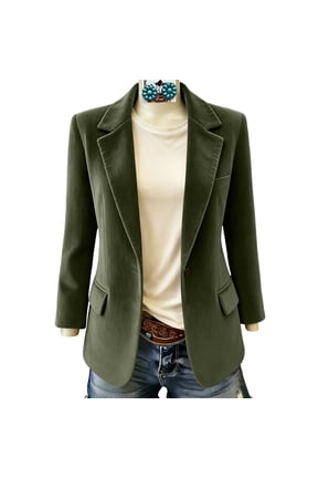 Women's Corduroy Blazers Dressy Fall Winter Clothes Notched Lapel Button Front Suit Jackets with Patch Pockets for Business Office B-Olive Green