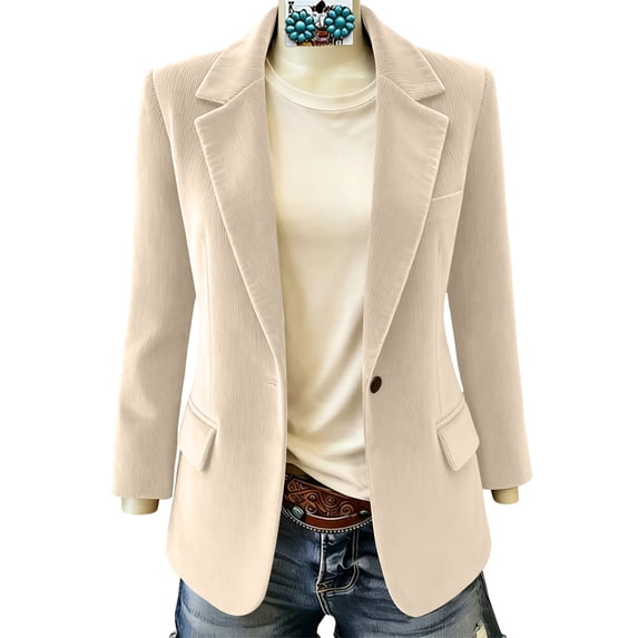 TEAJOPSUU Women's Corduroy Blazers Dressy Fall Winter Clothes Notched Lapel Button Front Suit Jackets with Patch Pockets for Business Office B-Beige