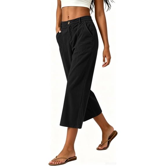 TEAJOPSUU Women's Corduroy Capris Soft Wide Leg Button Fly Cropped Palazzo Pants with Pockets Comfy Solid Casual Trousers for Everyday Fall Black