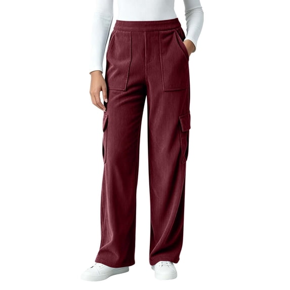 TEAJOPSUU Women's Corduroy Cargo Pants Wide Leg Elastic Waist Palazzo Pants with Multi Pockets Casual Daily Trousers Burgundy
