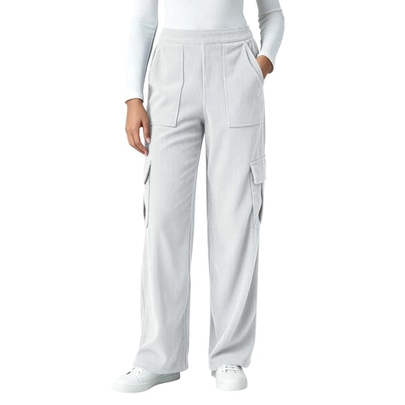TEAJOPSUU Women's Corduroy Cargo Pants Wide Leg Elastic Waist Palazzo Pants with Multi Pockets Casual Daily Trousers White