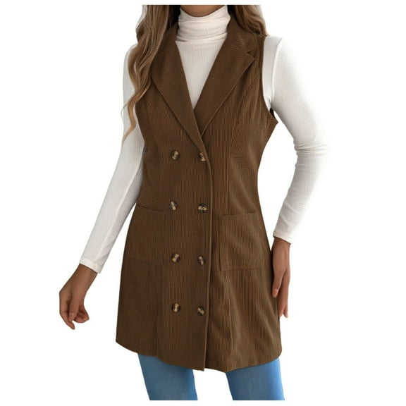 TEAJOPSUU Women's Corduroy Long Vest Cozy Sleeveless Blazer Jacket Trendy Lapel Single Breasted Fall Waistcoat Fashion Fall Winter Outwear Jackets with Pocket B-Coffee