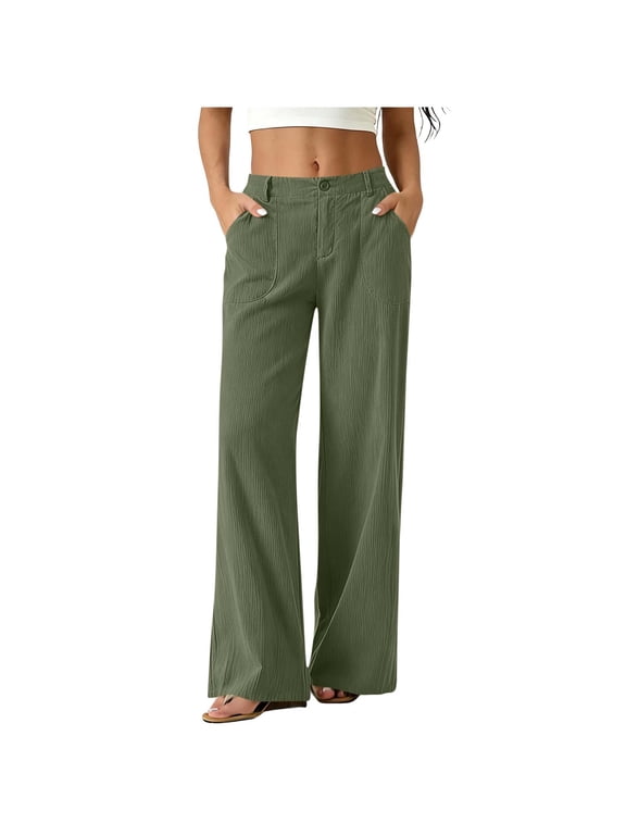 Women's Corduroy Wide Leg Pants High Waist Button Fly Side Pocket Pants Relaxed Fit Casual Trousers for Office Work Everyday Green