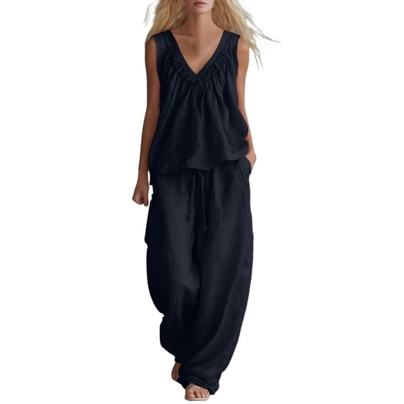 TEAJOPSUU Women's Cotton Blend 2 Piece Summer Sets Flowy Outfits Sleeveless V Neck Tank Tops Baggy Wide Leg Drawstring Pants Sets for Loungewear Daily Dark Blue