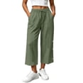 thumbnail image 1 of TEAJOPSUU Women's Cotton Blend Capri Pants Drawstring Elastic Waist Cropped Wide Leg Pants Decorative Side Buttons for Casual Everyday Loungewear Olive Green, 1 of 7