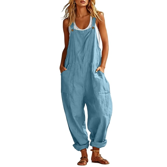 TEAJOPSUU Women's Cotton Blend Jumpsuits Casual Summer Overalls with Pockets Loose Sleeveless Wide Leg Rompers Sky Blue