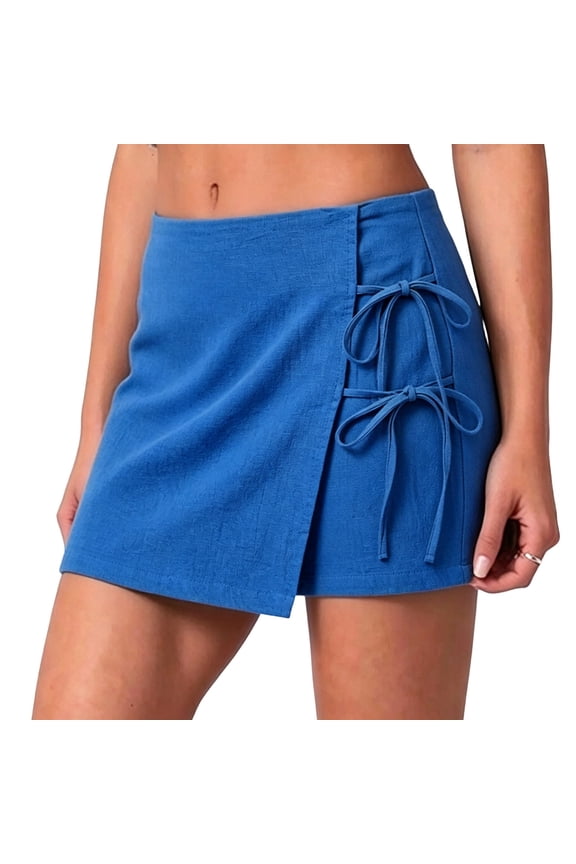 Women's Cotton Blend Skorts A-Line Front Wrap Mini Skirt Shorts Drawstring Knot Side Skort Shorts Blue