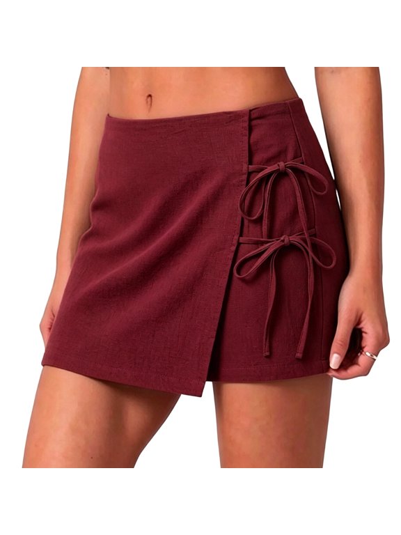 Women's Cotton Blend Skorts A-Line Front Wrap Mini Skirt Shorts Drawstring Knot Side Skort Shorts Burgundy