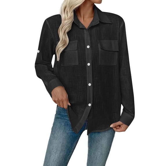 TEAJOPSUU Women's Cotton Linen Button Down Shirts Casual Two Chest Pockets Long Sleeve Shirts Relaxed Fit Lightweight Blouses Black