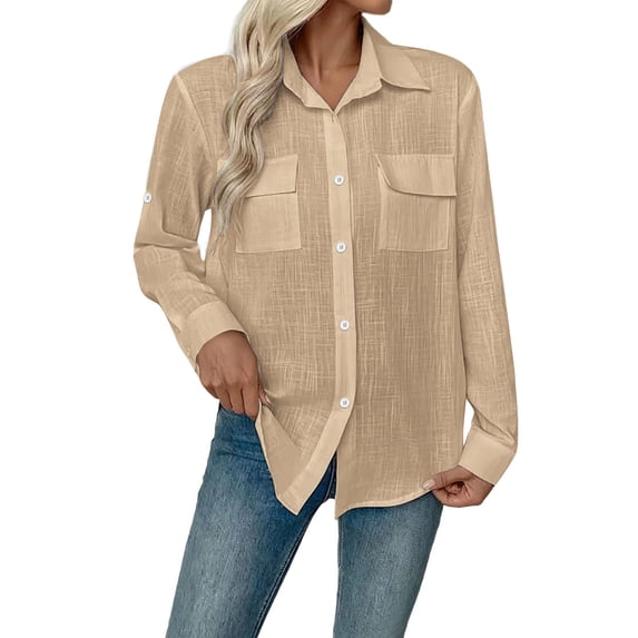 TEAJOPSUU Women's Cotton Linen Button Down Shirts Casual Two Chest Pockets Long Sleeve Shirts Relaxed Fit Lightweight Blouses Khaki