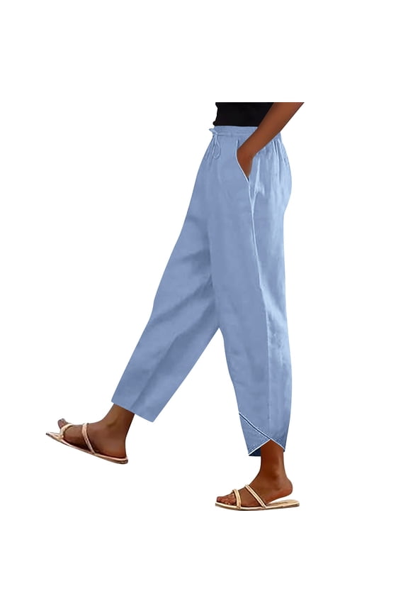 Women's Cotton Linen Pants Tulip Hem High Waisted Summer Casual Cropped Trousers Elastic Drawstring Vacation Pants with Pockets Blue