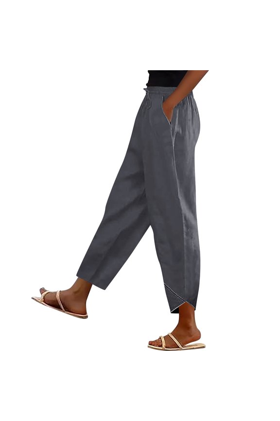 Women's Cotton Linen Pants Tulip Hem High Waisted Summer Casual Cropped Trousers Elastic Drawstring Vacation Pants with Pockets Dark Gray